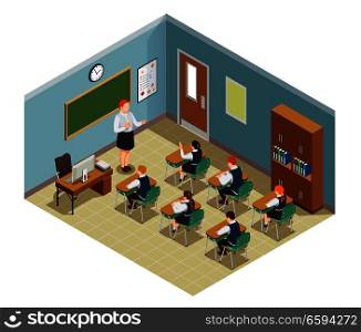 High school isometric people composition with class room interior and characters of female teacher and students vector illustration. Classroom Hour Isometric Composition