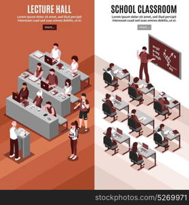 High School Isometric Vertical Banners . High school 2 vertical isometric banners set with lesson in classroom and lecture in hall isolated vector illustration