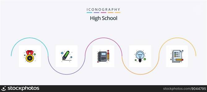 High School Line Filled Flat 5 Icon Pack Including lecture. light. moleskin. ideas. education