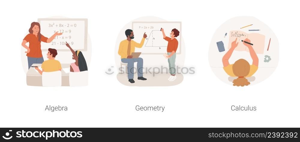 High school math curriculum isolated cartoon vector illustration set. Algebra high school lesson plan, graphing equation, study geometry, drawing solid shape, calculus course vector cartoon.. High school math curriculum isolated cartoon vector illustration set.