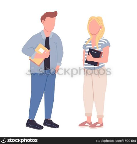 High school pupils flat color vector faceless characters set. Girl and boy, classmates with books isolated cartoon illustrations on white background. Freshman year students, college lifestyle
