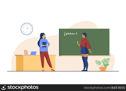 High school student standing at blackboard. Saying lesson, teacher, writing on chalkboard flat vector illustration. Class, education concept for banner, website design or landing web page