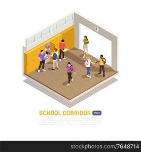 High school students in corridor during break 3d isometric composition vector illustration