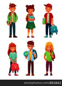 High school students. Kids pupils with globe, books and backpack. Schools children pupils smart boy and girl, pupil international class characters cartoon vector isolated icon set. High school students. Kids pupils with globe, books and backpack. Schools boy and girl pupil characters vector set