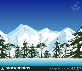 High snow mountains. Vector illustration of the mountains covered by snow and lake