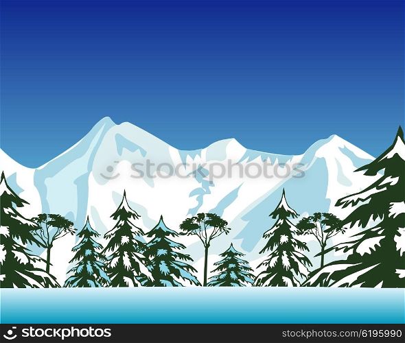 High snow mountains. Vector illustration of the mountains covered by snow and lake