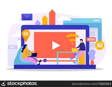 High speed 5G internet flat vector illustration with people using modern technologies for watching videos or working with email