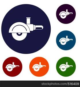 High speed cut off machine icons set in flat circle red, blue and green color for web. High speed cut off machine icons set