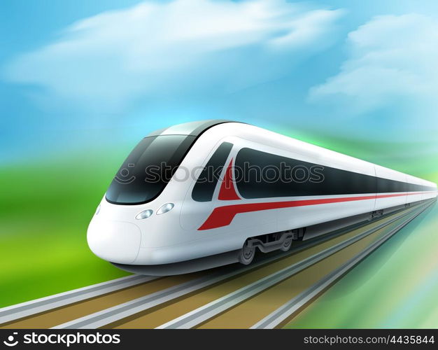 High-speed Day Train Realistic Image. Super streamlined high-speed day train in the countryside meadow realistic image ad poster vector illustration