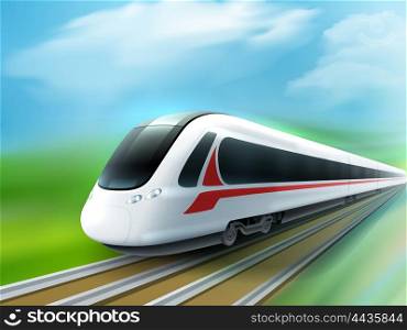 High-speed Day Train Realistic Image. Super streamlined high-speed day train in the countryside meadow realistic image ad poster vector illustration