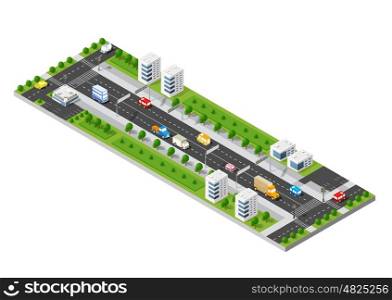 High-speed highway in 3D big city business quarter of the city. High-speed highway