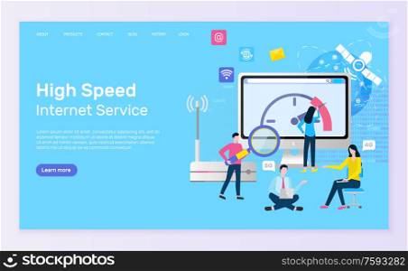 High speed internet service vector, monitor with information and person with magnifying glass analyzing. Woman and man with laptop working. Website or webpage template, landing page flat style. High Speed Internet Service Online Page and People
