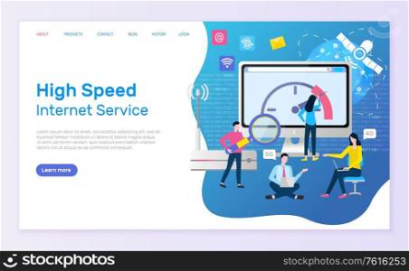 High speed internet service vector, monitor with information and person with magnifying glass analyzing. Woman and man with laptop working. Website or webpage template, landing page flat style. High Speed Internet Service Online Page and People