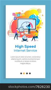 High speed internet service vector, people using proposals, provider and network, progress and development of screens, man with tool glass. Website or app slider template, landing page flat style. High Speed Internet Service, Monitor and People