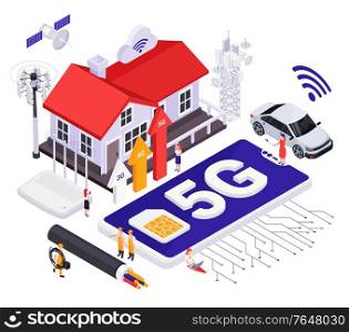 High speed modern internet 5G technology isometric concept with satellite antenna cloud wi fi signs
