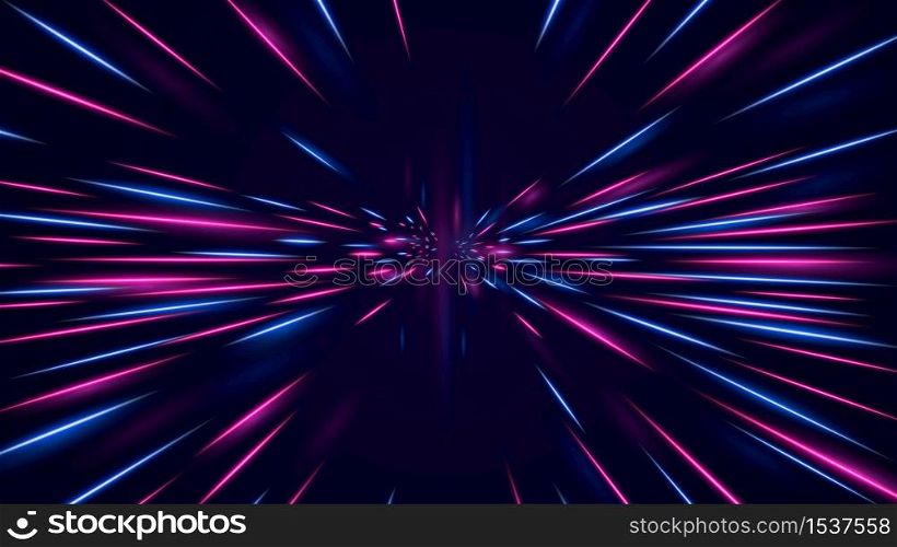 High speed neon hyper jump. Futuristic neon effect flying through space bright dynamic glow red blue lines subspace flight of vector spacecraft to Orion constellation hyperpaint time tunnel.. High speed neon hyper jump. Futuristic neon effect flying through space.