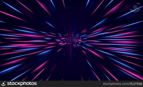 High speed neon hyper jump. Futuristic neon effect flying through space bright dynamic glow red blue lines subspace flight of vector spacecraft to Orion constellation hyperpaint time tunnel.. High speed neon hyper jump. Futuristic neon effect flying through space.