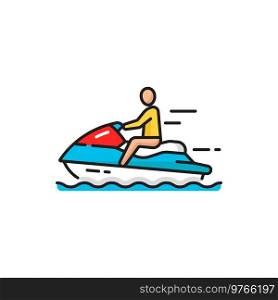 High-speed power jet ski man riding on water bike at sea waves isolated color line icon. Vector jet ski, water motorcycle bike, floating on water. Summer voyage cruise transportation marine transport. Man riding on water bike, scooter color line icon