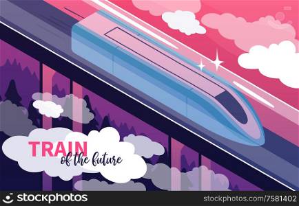 High speed rail of future safe clean transportation technologies isometric poster with elevated rapid train vector illustration