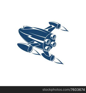 High speed rocket ship isolated outer space craft. Vector cosmic shuttle with turbo jet, blue spaceship. Cosmic shuttle isolated blue rocketship