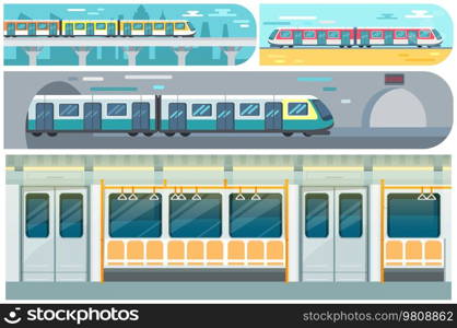 High speed transport leaving tunnel to metro. Public transport, train for transporting metro passengers. Train of subway with automatic doors. Modern tramway at underground station platform. Transport leaving tunnel to metro. Train for transporting passengers at underground station platform