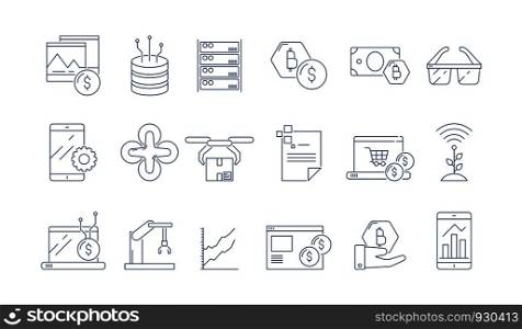 High tech technology icon. Modern business software headset advanced engineering augmented reality vector thin outline symbols. Illustration of digital innovation technology. High tech technology icon. Modern business software headset advanced engineering augmented reality vector thin outline symbols