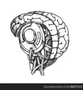 High Technology Robotic Brain Monochrome Vector. Artificial Intelligence Concept In Form Of Human Brain. Electronic Mind Cyberbrain Hand Drawn In Vintage Style Black And White Illustration. High Technology Robotic Brain Monochrome Vector
