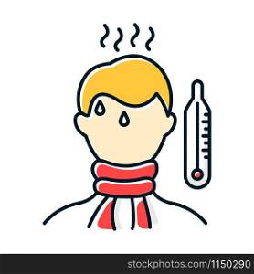 High temperature color icon. Fever symptom. Disease, illness, Man unwell. Healthcare. Flu, influenza infection. Sick person. Severe pain. Thermometer. Grippe treatment. Isolated vector illustration. High temperature color icon. Fever symptom. Disease, illness. Man unwell. Healthcare. Flu, influenza infection. Sick person. Severe pain. Thermometer. Grippe treatment. Isolated vector illustration