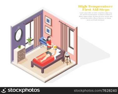 High temperature concept with first aid steps symbols isometric vector illustration