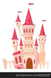 High tower castle. Fairytale building in cartoon style isolated on white background. High tower castle. Fairytale building in cartoon style