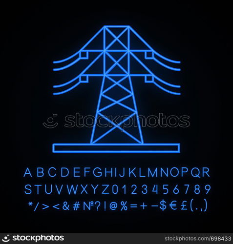 High voltage electric line neon light icon. Powerline. Electric power pylon. Transmission tower. Glowing sign with alphabet, numbers and symbols. Vector isolated illustration. High voltage electric line neon light icon