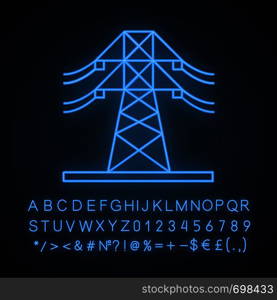 High voltage electric line neon light icon. Powerline. Electric power pylon. Transmission tower. Glowing sign with alphabet, numbers and symbols. Vector isolated illustration. High voltage electric line neon light icon