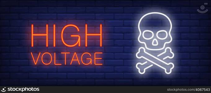 High voltage red and white neon style lettering. Death sign on brick background. Skull and crossbones. Bright wall sign. Can be used for warning sign, banner, web design