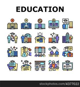 Higher Education And Graduation Icons Set Vector. Two And Four Year Higher Education In College And University, Private Profit Institution And International Admission Line. Color Illustrations. Higher Education And Graduation Icons Set Vector
