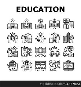 Higher Education And Graduation Icons Set Vector. Two And Four Year Higher Education In College And University, Private Profit Institution And International Admission Black Contour Illustrations. Higher Education And Graduation Icons Set Vector