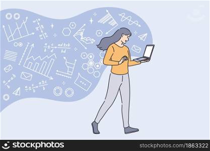 Higher education and studying online concept. Young smiling female student standing learning mathematics online on laptop screen vector illustration . Higher education and studying online concept