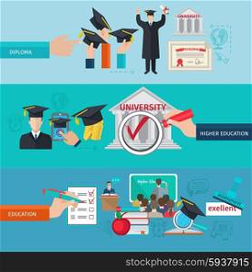 Higher Education Banner Set. Higher education horizontal banner set with college and university flat elements isolated vector illustration