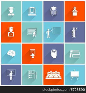 Higher education college university studying and graduation icons flat set isolated vector illustration