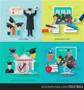 Higher Education Flat Set. Higher education design concept set with flat diploma and examination icons isolated vector illustration