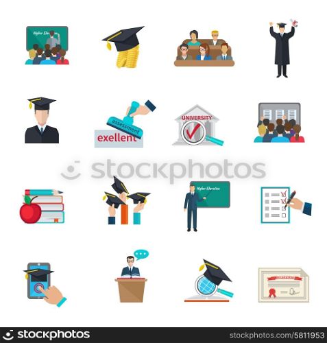 Higher education icons set . Higher education and graduation with cloaks and academic caps icons set flat isolated vector illustration