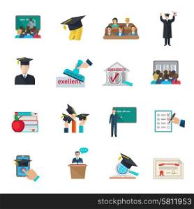 Higher education icons set . Higher education and graduation with cloaks and academic caps icons set flat isolated vector illustration