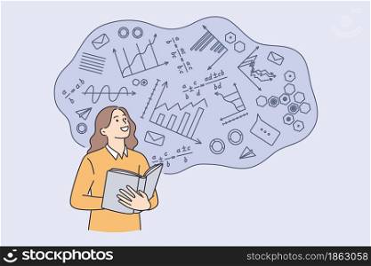 Higher education in college concept. Young smiling female student standing learning mathematics in university with formulas vector illustration . Higher education in college concept