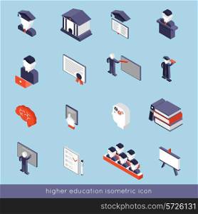 Higher education isometric icons set with book student teacher symbols isolated vector illustration