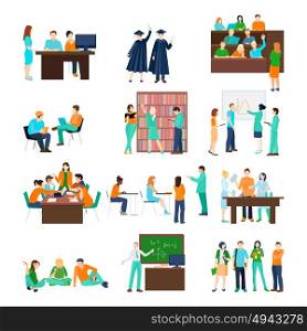 Higher Education Person Set. Higher education person set of students in different situations in flat style isolated vector illustration