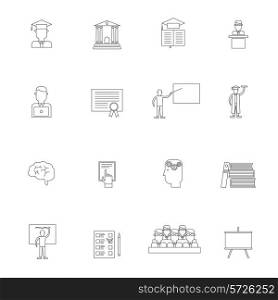 Higher education student training tests and graduation icon outline set isolated vector illustration