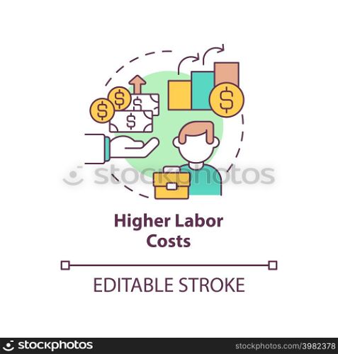 Higher labor costs concept icon. Wage rates and worker benefits. Macro economy trends abstract idea thin line illustration. Isolated outline drawing. Editable stroke. Arial, Myriad Pro-Bold fonts used. Higher labor costs concept icon