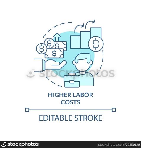 Higher labor costs turquoise concept icon. Worker benefits. Macro economy trends abstract idea thin line illustration. Isolated outline drawing. Editable stroke. Arial, Myriad Pro-Bold fonts used. Higher labor costs turquoise concept icon
