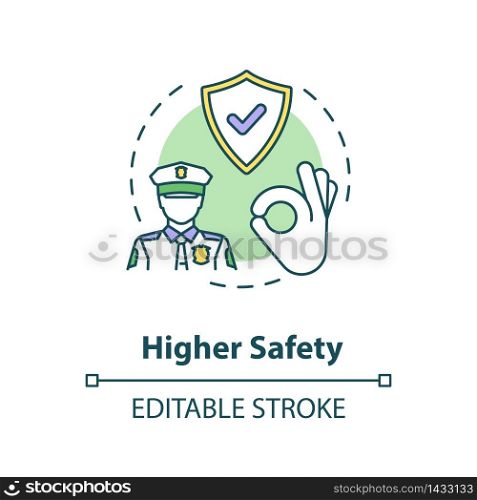 Higher safety concept icon. Privacy safety. Reliable guard and police man. Life assurance. Protection idea thin line illustration. Vector isolated outline RGB color drawing. Editable stroke. Higher safety concept icon