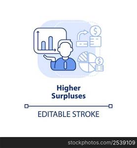 Higher surpluses light blue concept icon. Income exceeds spending. Balanced budget abstract idea thin line illustration. Isolated outline drawing. Editable stroke. Arial, Myriad Pro-Bold fonts used. Higher surpluses light blue concept icon