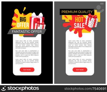 Highest quality of products, super sale, shops discount vector web site template. Reduced price on goods, fantastic offer. Present in box decorated by bow. Highest Quality of Products, Super Sale Discount